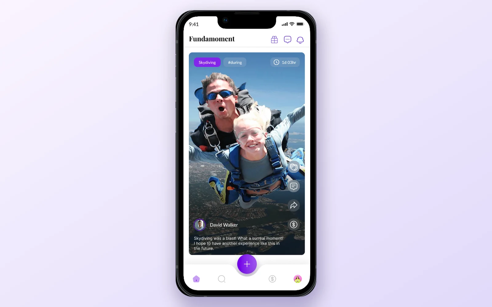 The Fundamoment app feed in Figma: a skydiving moment post with tags, a countdown timer, and react, comment, and share buttons