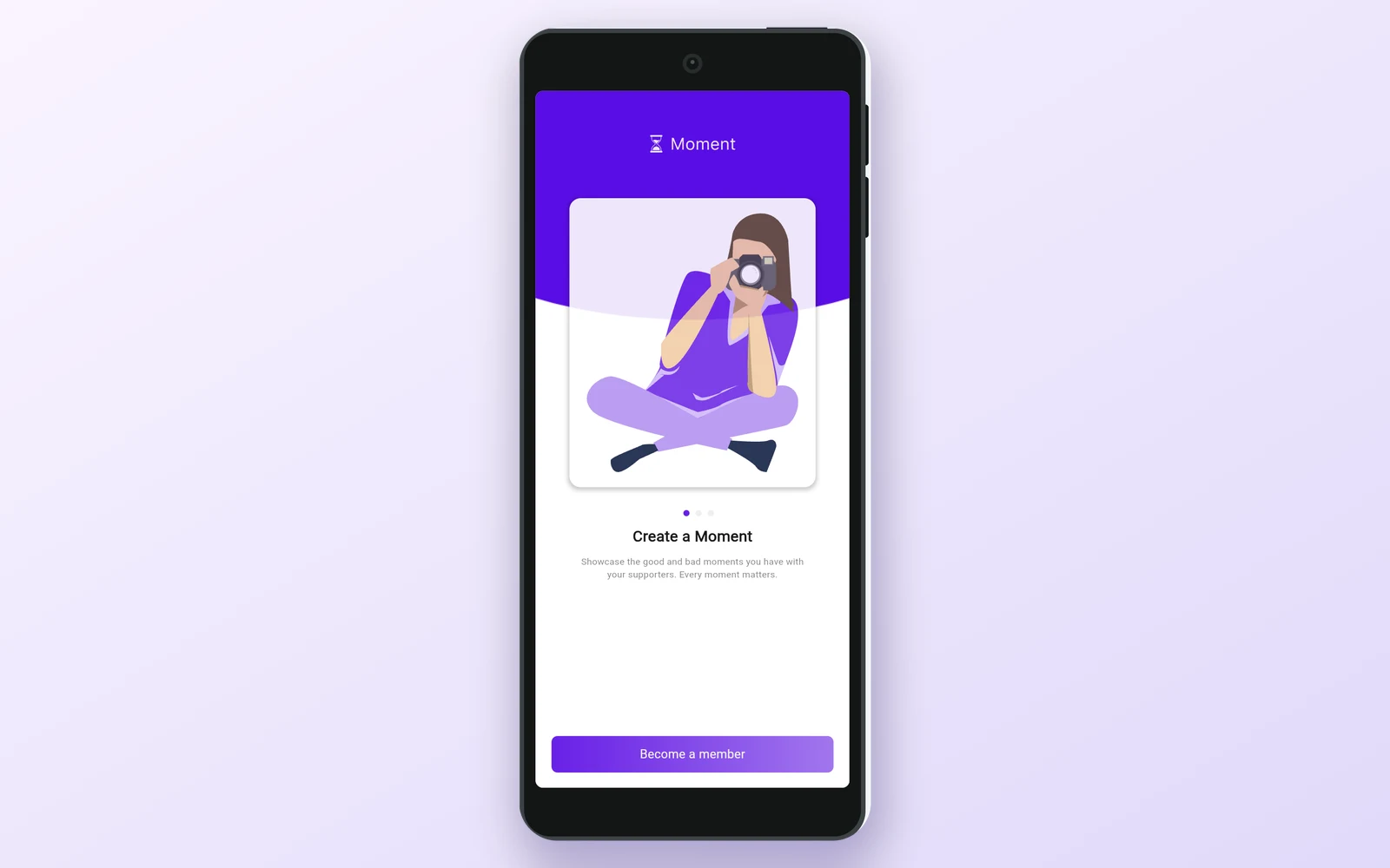 The Fundamoment onboarding screen in FlutterFlow: Create a Moment, with a Become a member button