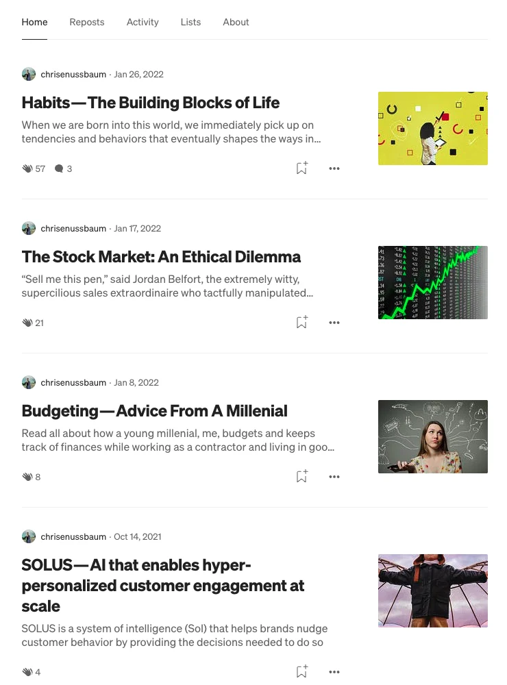 Chris Nussbaum's Medium articles: Habits, The Stock Market: An Ethical Dilemma, Budgeting, and SOLUS