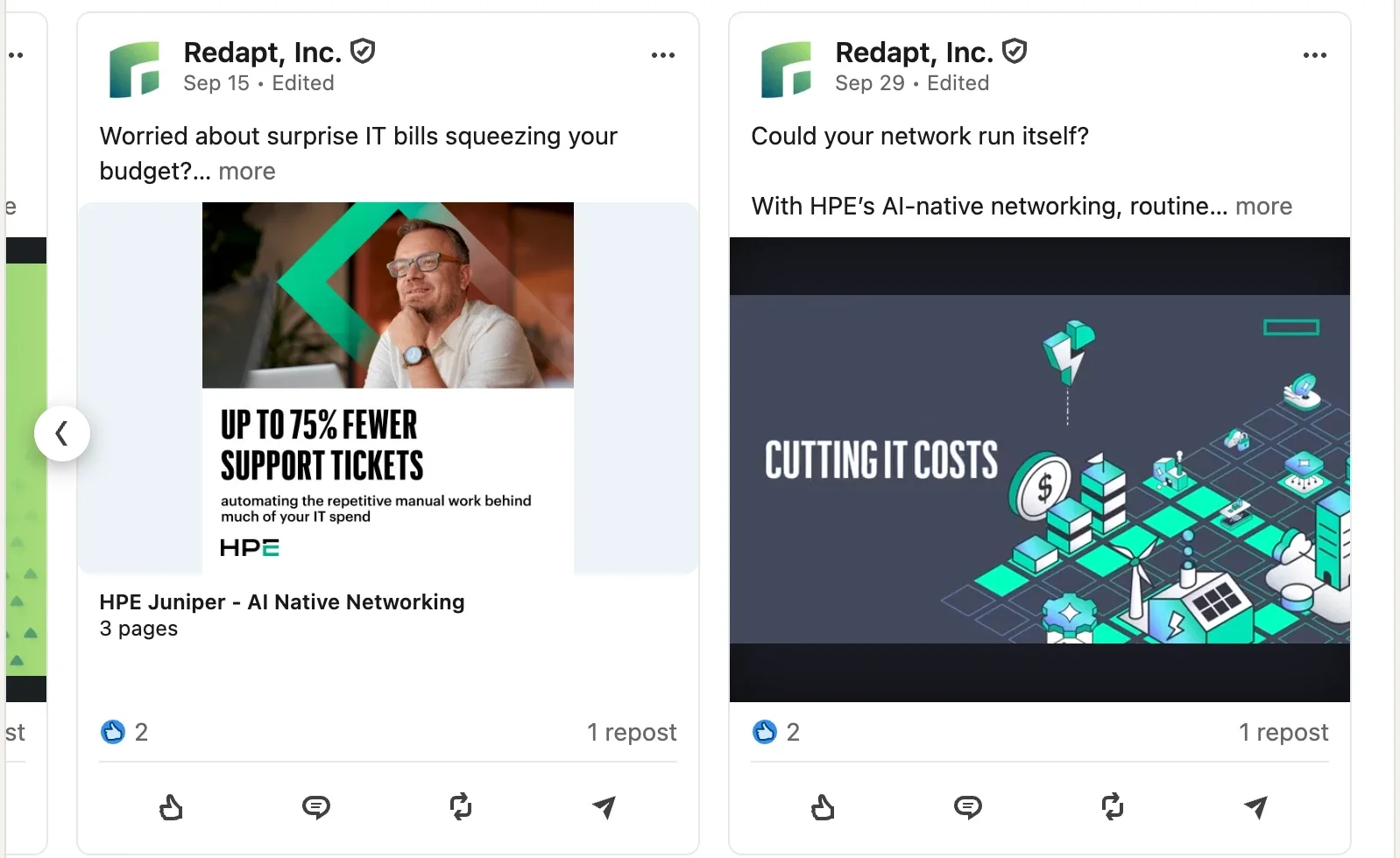 Recent Redapt LinkedIn posts about HPE Juniper AI-native networking and cutting IT costs