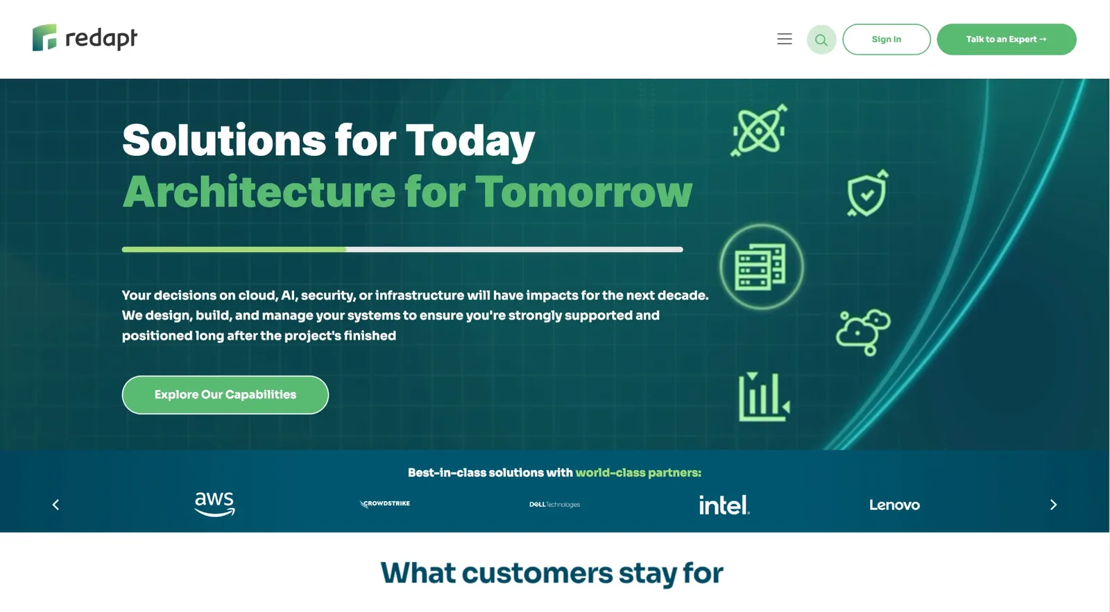 Redapt.com home page: Solutions for Today, Architecture for Tomorrow, with partner logos including AWS, CrowdStrike, Dell, Intel, and Lenovo