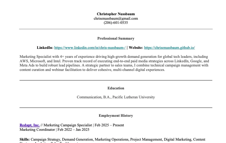 A resume with a professional summary, education, and employment history bullets