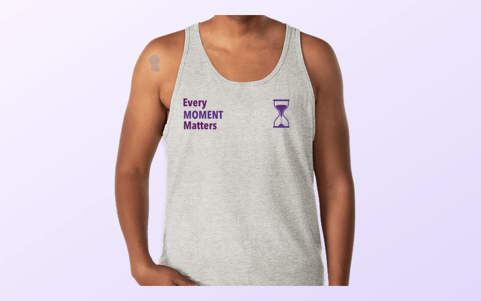 A gray singlet with the Every Moment Matters wordmark and an hourglass logo in purple