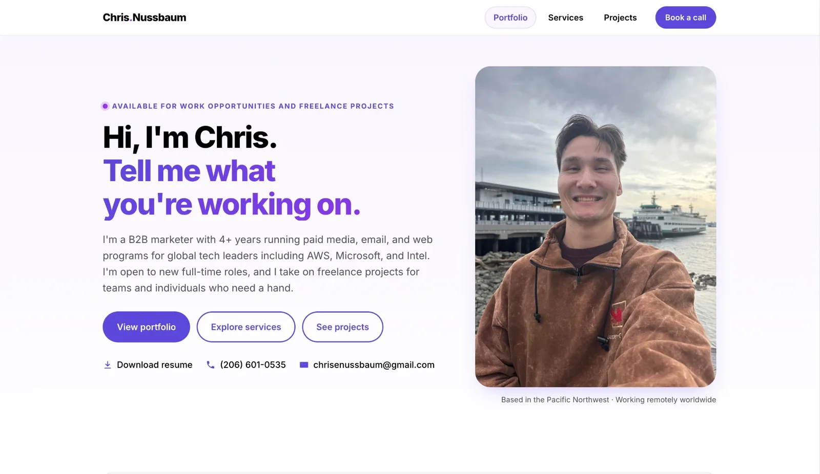 The home page of this website: Hi, I'm Chris. Tell me what you're working on.